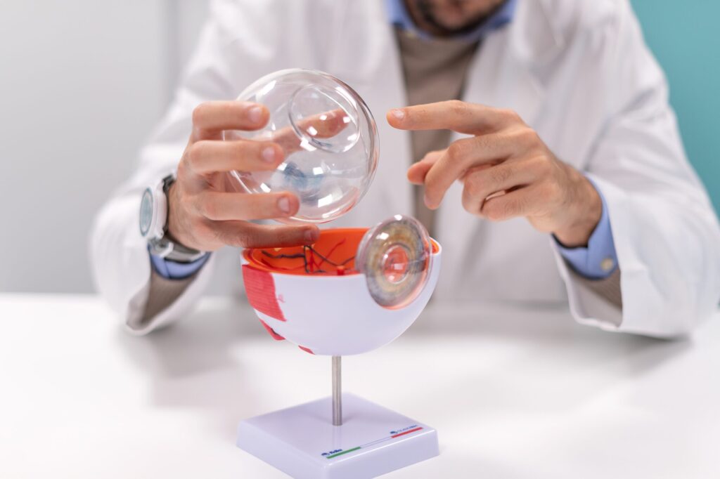 Il Dott. Luca Zanolini spiega ad un paziente la formazione delle mosche volanti durante una visita nello studio di Montichiari