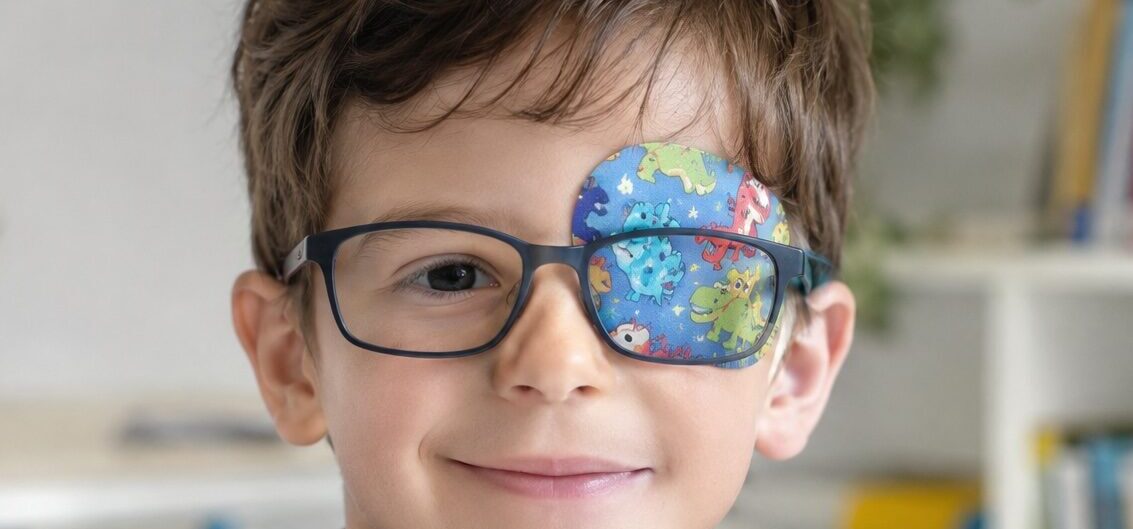 Bambino con occhiali che indossa un occlusore in tessuto colorato per il trattamento dell'ambliopia