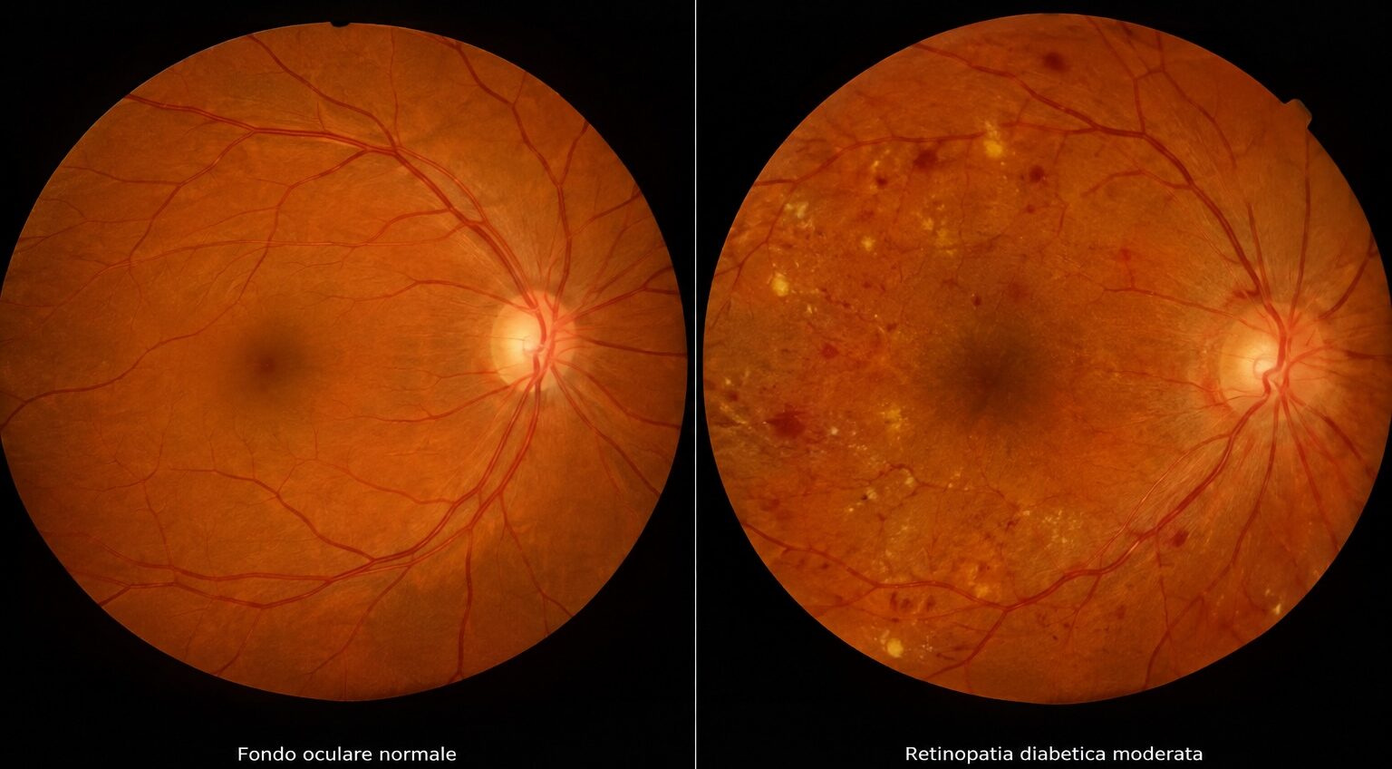 Confronto fra due retinografie: a sinistra fondo oculare normale con retina uniforme e vasi regolari, a destra retinopatia diabetica moderata con microaneurismi, emorragie retiniche puntiformi ed essudati duri giallastri sparsi nel polo posteriore