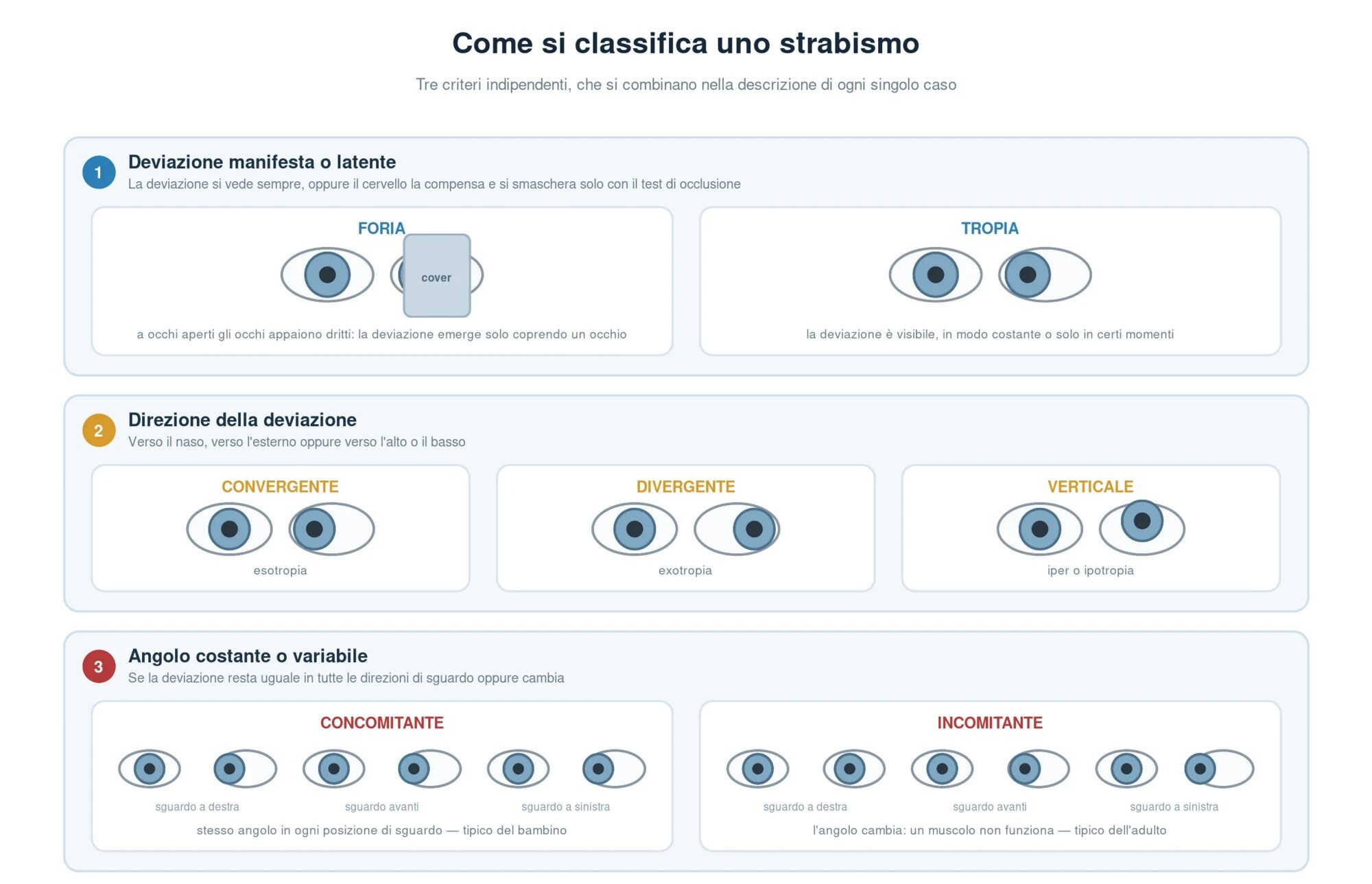 Schema dei tre criteri di classificazione dello strabismo: deviazione manifesta o latente, cioè tropia o foria smascherata dal test di occlusione; direzione della deviazione, convergente, divergente o verticale; angolo costante o variabile, cioè strabismo concomitante tipico del bambino o incomitante tipico dell'adulto