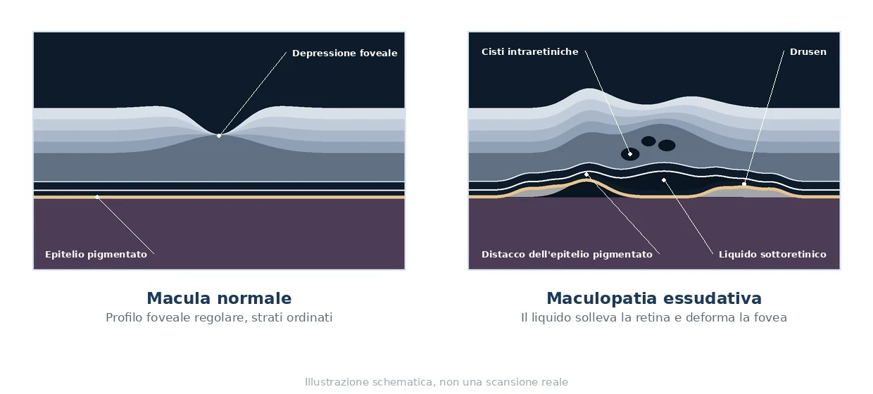 Confronto schematico fra OCT di una macula normale e di una maculopatia essudativa, con distacco dell'epitelio pigmentato, liquido sottoretinico e drusen