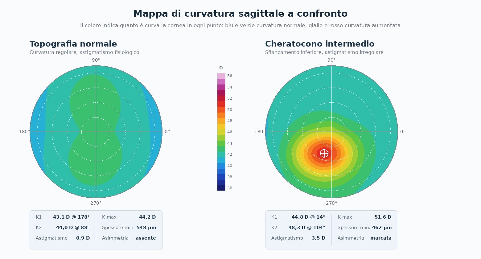 Confronto fra due mappe di curvatura corneale: a sinistra topografia normale con pattern simmetrico a farfalla e curvatura fra 42 e 44 diottrie, a destra topografia di un cheratocono intermedio con area di curvatura aumentata fino a oltre 51 diottrie nel settore inferiore e marcata asimmetria fra metà superiore e inferiore della cornea